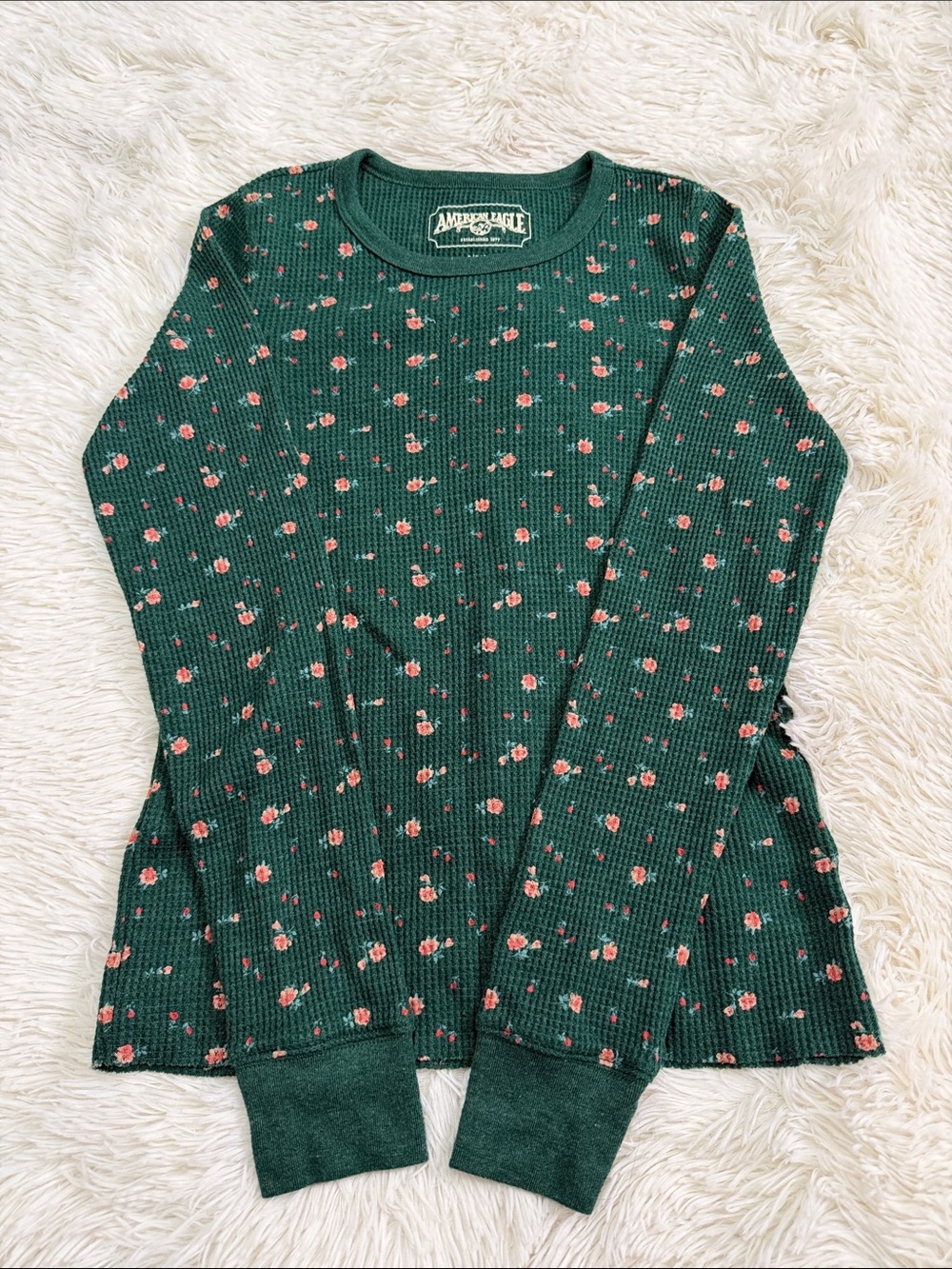 American Eagle Outfitters Green Floral Waffle Knit Top